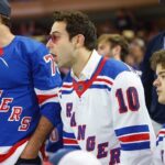 Skylar Astin Instagram - Last night was 10/10! The @nyrangers advance in the playoffs! Swipe for Team Synergy and @gatenm123 and I’s costume change to switch up to the Juju!! 🔴🔵 📸 @mfarsi Madison Square Garden