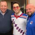 Skylar Astin Instagram - Last night was 10/10! The @nyrangers advance in the playoffs! Swipe for Team Synergy and @gatenm123 and I’s costume change to switch up to the Juju!! 🔴🔵 📸 @mfarsi Madison Square Garden