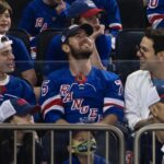 Skylar Astin Instagram - Last night was 10/10! The @nyrangers advance in the playoffs! Swipe for Team Synergy and @gatenm123 and I’s costume change to switch up to the Juju!! 🔴🔵 📸 @mfarsi Madison Square Garden