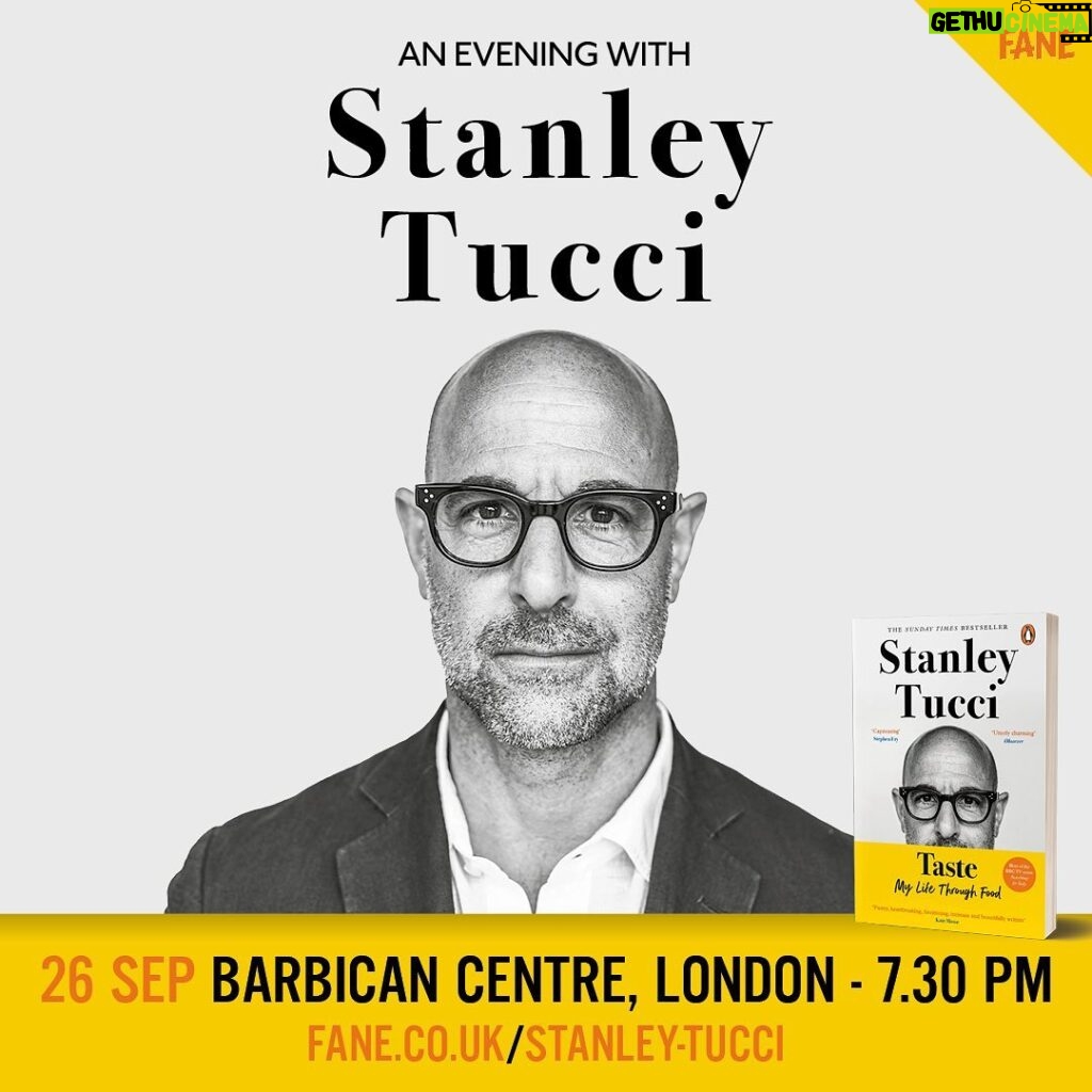 Stanley Tucci Instagram - 🍸 London, I'm back for another Taste! I will be live in conversation at the @barbicancentre on Monday 26 September, to celebrate the paperback release of my memoir. I⠀ ⠀ will be joined by a very special guest interviewer, who will be announced soon.⠀ ⠀ Do join me in person or via livestream for this @faneproductions event.⠀ ⠀ Tickets for Friends of Fane go on sale 10am tomorrow (28 June) General on sale begins Thursday (30 June) at 10am. Link in Bio. London, United Kingdom