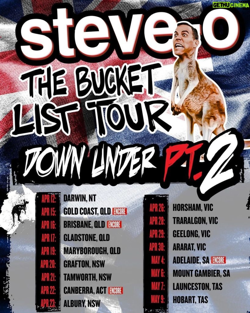 Steve-O Instagram - Dudes! I’m in Australia, and this place is showing me so much love, I’m coming back for Part 2! Swipe to see all the new cities and encore dates— including Tasmania! Tickets go on sale on this Thursday, but my Aussie die hards can sign up for early access now at: SteveOdownunder.com Yeah dude!!!