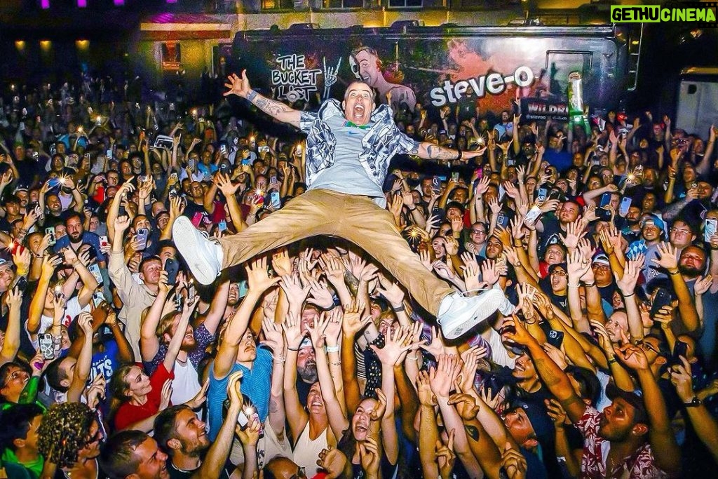 Steve-O Instagram - Tonight was the last ever show of my Bucket List tour (in Gainesville, FL) and, at the end of the show, I invited the entire audience outside to take this photo with me and my bus (photo by @iamdavidlawrence). It’s an emotional time for me… I will never perform that material again. The second photo is last night in Pensacola, FL, and the last photo (with @mrmikecalta) is the night before last in St. Petersburg, FL (shot by @mikebuseyshow). What a tour… wait until you see the special…