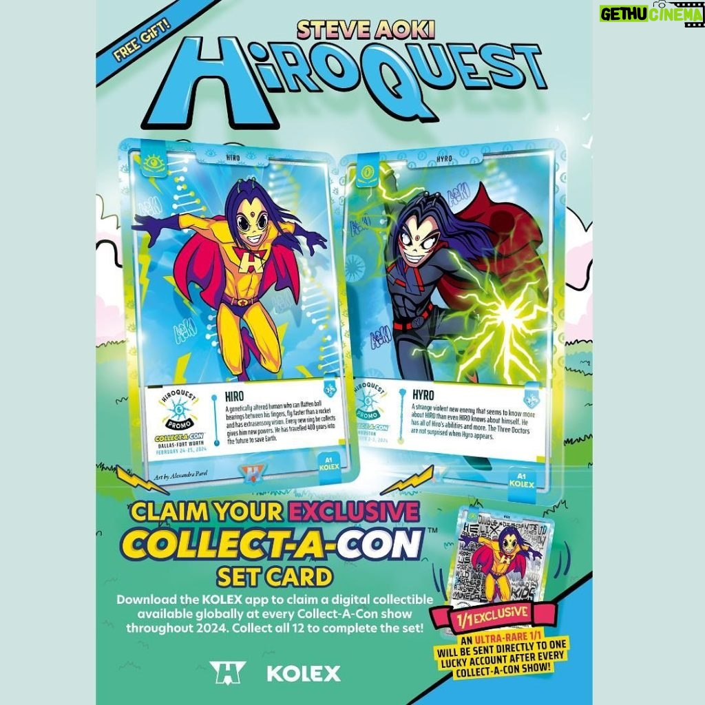 Steve Aoki Instagram - Don’t miss out on snagging the very first card of our epic 12-card @collect_a_con digital promo set! 🔥 All you gotta do is download the @kolexgg app, sign up, and boom, claim your card in the HiROQUEST section today! And guess what? The fun doesn’t stop there! The rest of the set will be up for grabs globally at each Collect-A-Con show. So mark your calendars and get ready to collect ‘em all! 🌟 There’s a chance to get an exclusive 1 of 1! Hurry, the claim ends on February 25th at 11:59pm PT!