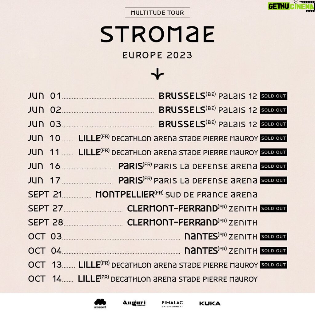 Stromae Instagram - La reprise de la tournée en Europe c'est dans 10 jours ! Rdv à Bordeaux pour les 2 premiers shows. Hâte de vous retrouver! Derniers tickets ici : www.stromae.com/fr/tour -- Europe we are coming! The tour starts again in 10 days in Bordeaux. Can't wait to see you again. Last tickets here: www.stromae.com/fr/tour