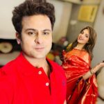 Sugandha Mishra Instagram - Happy Karwachauth Pati Dev ❤️😘 . . #swipeleft #karwachauth #karwachauthlook #saree #red #love #powercouple #couplegoals