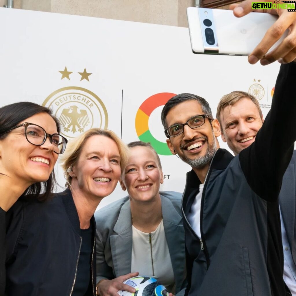 Sundar Pichai Instagram - Excited to have @dfb @dfb_frauenteam join #TeamPixel! Proud to support the German Women's National Team and work together to increase visibility for women's sports. (And thanks for letting me score a goal today:) ⚽ Berlin, Germany