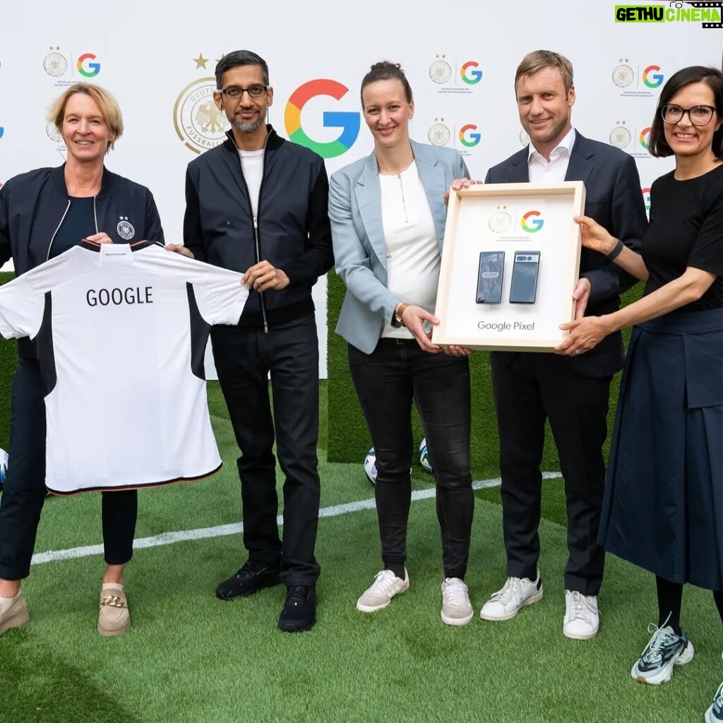 Sundar Pichai Instagram - Excited to have @dfb @dfb_frauenteam join #TeamPixel! Proud to support the German Women's National Team and work together to increase visibility for women's sports. (And thanks for letting me score a goal today:) ⚽ Berlin, Germany