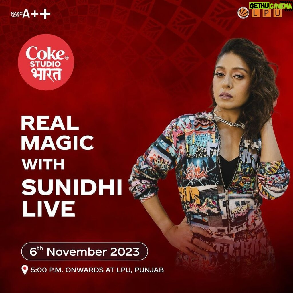 Sunidhi Chauhan Instagram - She has stolen a million hearts already and she's now bringing her magic to Punjab. Witness @sunidhichauhan5 LIVE as she sweeps everyone off their feet with her magical melodies. 📆 6th November ⌚ 5pm onwards 📍 Lovely Professional University Be there to witness Real Magic. #CokeStudioBharat #ApnaSunao #RealMagic