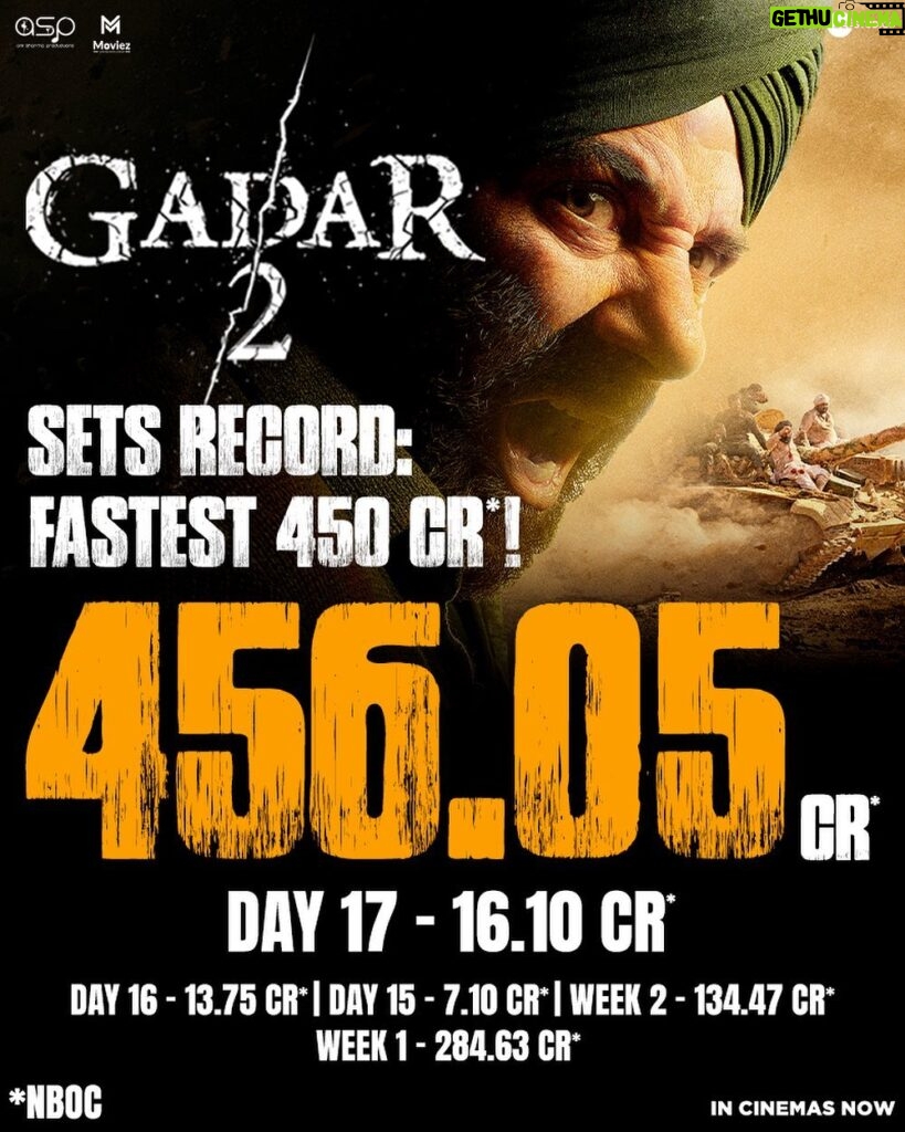 Sunny Deol Instagram - THANK YOU, for making Hindustan ki asli blockbuster break records! 🙏🏻 Book your tickets! (Link in bio) #Gadar2 in cinemas now. 🎞️ @zeestudiosofficial @gadarmovie_official @iamsunnydeol @ameeshapatel9 @iutkarsharma @anilsharma_dir @anilsharmaprod @shaktimaan6963 @mithoon11 @shabinakhanofficial @quadri.sayeed @simratkaur_16 @manishwadhwa.in @hellomontysharma @mrgravitas @zeemusiccompany @zee5 @zeecinema @zee5global