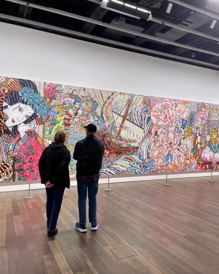 Takashi Murakami Instagram - Takashi Murakami’s newest masterwork, which also makes its premiere at #MurakamiMonsterized, is titled “Judgement Day” — an 82 feet long painting that used 10,000 different silk screens and was produced in a matter of several weeks! 😱 The main figure in the center is Enma, the King of Hell in Buddhism. But you’ll also find zombie-like kabuki actors dressed as samurai and geisha, and two groups of yokai (Japanese supernatural beings). Akin to music sampling, Murakami was inspired by different artistic styles to create a visual feast of images. You may notice references to 19th century Japanese woodblock prints, including works by Utagawa Kuniyoshi and Tsukioka Yoshitoshi, and Murakami’s use of trompe-l’œil or western optical illusion techniques. 👹 Visit “Murakami: Monsterized” to get a closer look at all of the details of Murakami’s latest paintings. Plan your holiday visit to experience this blockbuster exhibition at asianart.org. #AsianArtMuseum #MuseumDifferently #TakashiMurakami © Takashi Murakami/Kaikai Kiki Co., Ltd. All Rights Reserved. Asian Art Museum