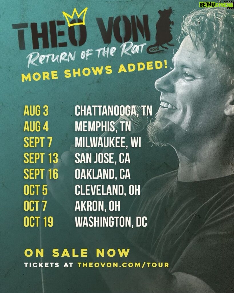 Theo Von Instagram - 🚨NEW TOUR DATES🚨 on sale now. Use code RATKING. Ticket link in bio. thanks for your support 🙏