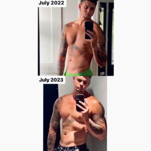 Tyler Baltierra Instagram - PROGRESSION > PERFECTION
1 year apart & sitting at the same weight in each pic. This is why the scale isn’t as important as overall body composition. I still have a long way to go until reaching my goals, but I like to post my progress as a reminder to myself of where I started, how far I’ve come, & why I keep putting in the work! 😈💪🏻😤 #FitnessJourney #MuscleBuilding #Gainz #BodyBuilding