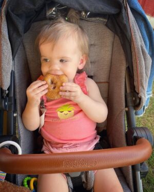 Tyler Baltierra Instagram - Vaeda had her first cider donut at Blake’s Apple Orchard & she LOVED it! 😂😍 #VaedaLuma