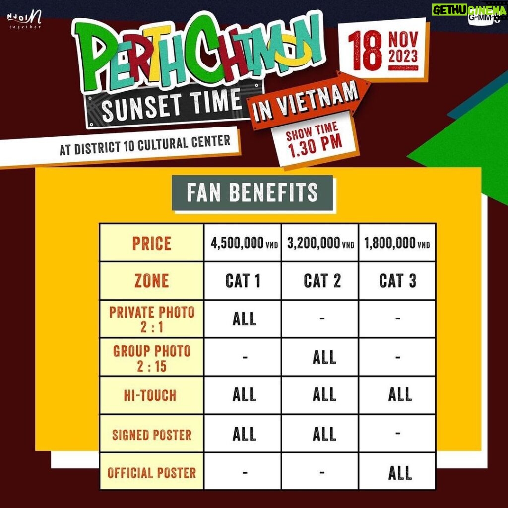Wachirawit Ruangwiwat Instagram - Take a chance to be a part of Sunset Time in Vietnam. Let the Sunset lead us to the Seating map and Benefits below together. Date:18 November 2023 Time: 1.30 PM Venue: District 10 Cultural Center Address: No.141 Bac Hai Street, Ward 14, District 10, HCMC Ticket available: 28 October, 2023 at 10 AM Website: www.feelfunfest.com The sun is waiting for us, guys! Prepare to get a ticket now khab #PerthChimon #PCSunsetTimeinVN #เพิร์ธชิม่อน #NJoin #GMMTV ======================================== Nắm bắt cơ hội để tham gia sự kiện Sunset Time in Vietnam thôi các bạn ơi! Quẹo lựa Bảng sơ đồ vị trí ngồi cũng như Benefits nhé. Ngày : 18/11/2023 Thời gian: 1.30 PM Địa điểm: Trung tâm văn hoá quận 10 Địa chỉ: 141 Bắc Hải, Phường 14, Quận 10, HCM Mở bán vé: 10h sáng ngày 28/10/2023 Website: www.feelfunfest.com Ánh dương đang vẫy gọi chúng ta đó mọi người ơi! Mau chóng chuẩn bị để có ngay một tấm vé trên tay đi gặp tụi mình nha. #PerthChimon #PCSunsetTimeinVN #เพิร์ธชิม่อน #NJoin #GMMTV