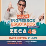 Zeca Pagodinho Instagram - 🚨 ESGOTOU 🚨 Vocês foram rápidos demais e em apenas 48h esgotaram os ingressos para o show do Zeca em São Paulo, no @espacounimed! 💛 Mas se você não aceita ficar de fora dessa grande festa, prepare-se: VAI TER DATA EXTRA!!! ➡ AMANHÃ (24), quarta-feira, 12h, iniciam as vendas de ingressos para a data extra em zecapagodinho40anos.com.br 📌 DATA EXTRA -SÃO PAULO: 21/06 | Espaço Unimed #Zeca40anos #ZecaPagodinho40Anos