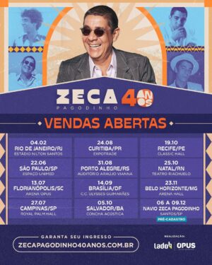 Zeca Pagodinho Instagram - VENDAS ABERTAS! 🎉 🎟️ 

Garanta AGORA seus ingressos para a incrivel turnê de celebração dos 40 anos de carreira do @zecapagodinho pelo Brasil! 

Onde nos vemos ? Comenta aqui em que cidade será o seu encontro com o Zeca! 

Corre no site zecapagodinho40anos.com.br e garanta seus ingressos! Antes que lote 😉💙! 

#zecapagodinho 

🎟️ www.zecapagodinho40anos.com.br