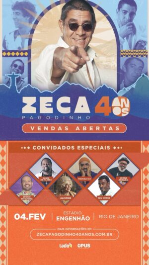 Zeca Pagodinho Instagram - O aniversário do Zeca Pagodinho, no dia 4 de fevereiro, vai ser uma MEGA FESTA no estádio do Engenhão no RJ! 

Um show celebrando 40 anos de carreira, com a participação especial de Alcione, Diogo Nogueira, Jorge Aragão, Marcelo D2, Seu Jorge , Xande de Pilares e muitos outros! 

Existe maneira melhor de celebrar um aniversário?

Garanta agora o seu ingresso em www.zecapagodinho40anos.com.br e faça parte dessa celebração!