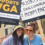 Zooey Deschanel Instagram – We ❤️ our writers! 
Showed up today to support our friends in the WGA (and also bring them pie bites). They are the yin to our yang and we are nothing without them! 

(Thanks to our pal @drlawyercop for showing us the ropes of picketing!)