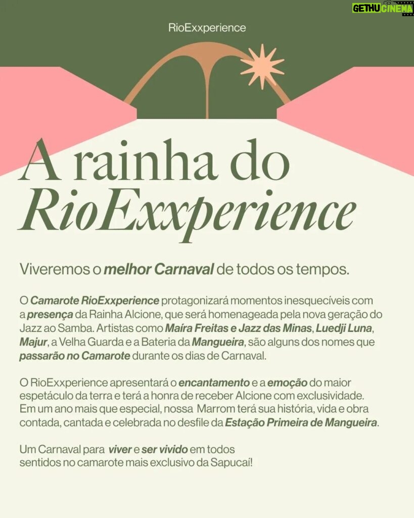 Alcione Instagram - O RioExxperience tem rainha e não é uma qualquer! 👑 ALCIONE, A Negra Voz do Amanhã, será a grande homenagem da Estação Primeira de Mangueira no Carnaval de 2024, e o RioExxperience canta a Marrom numa exxperiência exxclusiva em tons de verde e rosa, celebrando a vida e a obra dessa artista única da Música Popular Brasileira. Você ainda pode fazer parte desse momento único com conforto e exxclusividade e assistir o desfile da Mangueira na melhor localização da Sapucaí. 📲 Clique no link da bio e Viva a Exxperiência! Últimos Ingressos! Fontes: A Voz do Samba, por Revista GAMA / Enciclopédia Itaú Cultural / A NEGRA VOZ DO AMANHÃ. Mangueira 2024. Texto de Sthefanye Paz, Annik Salmon e Guilherme Estevão. / O Estadão / #Alcione #RioExxperience #sapucaí Sambódromo da Marquês de Sapucaí