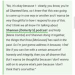 Alyssa Milano Instagram - I was asked about the Charmed experience on the panel at #megacon yesterday. These slides are the transcript. But I just want to add: I don’t know one other show that has had the success that Charmed had where the cast still speaks ill of the experience a quarter of a century later. This is 15 movies and 13 TV shows ago for me. This was 11 years before my 15 year marriage and 13 years before having my first child. This was so long ago that any retelling of these stories from anyone is just revisionist history. I will add, though, with absolute certainty—everything was documented. There was a professional mediator (I was told Holly and Shannen would not participate in any mediation) and an on-set producer/babysitter who were both brought in to investigate all claims. It was then recommended by this mediator, after collecting testimony from cast AND crew—what changes should be made if the show was going to continue. The studio, Aaron Spelling, and network made the decision to protect the international hit that was Charmed. I did not have the power to get anyone fired. Once Shannen left we had 5 more successful seasons and I am forever grateful. Also, footnote: I have the same attorney now that I had then (he’s been my attorney since I was 19). Thanks to @collider for printing what I said verbatim. https://collider.com/alyssa-milano-charmed-feud-shannen-doherty-rose-mcgowan/ Thanks to @megaconorlando for having me and believing that I can get people there. (4 hours wait lines! Phew!) And thanks to the fans who have to deal with the chaos and can’t just have the show to love and experience for themselves. As always, I wish Holly, Shannen and Rose, peace and light in their personal and professional journeys. We all have bigger demons to fight. #letsbeclear #sorrynotsorry #charmed #AlyssaMilano
