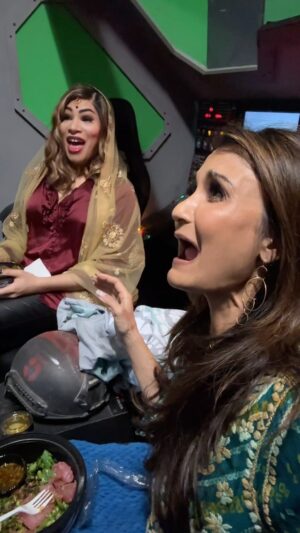 Anjali Bhimani Instagram - *DESIQUEST SPOILER ALERT* 
Why are @persiphiroth and I locked in a spaceship? Well, we decided for Episode 4 of @desiquestshow this week, we were taking the adventure to outer space...now if we could just walk through this spaceship in our high heels without getting caught in the grate.(Seriously, how can we be fabulous in outer space with this flooring? Tell the ship’s engineers we have PRIORITIES.) 

Watch episode 4 of DesiQuest: “The Thick of It” with special guest Sephie Valentine now on YouTube at Desiquest.com/Watch !

#ttrpg #dungeonsanddragons #desiquest #desigirl #indianactress #tabletopgaming #roleplayinggames #anjalibhimani