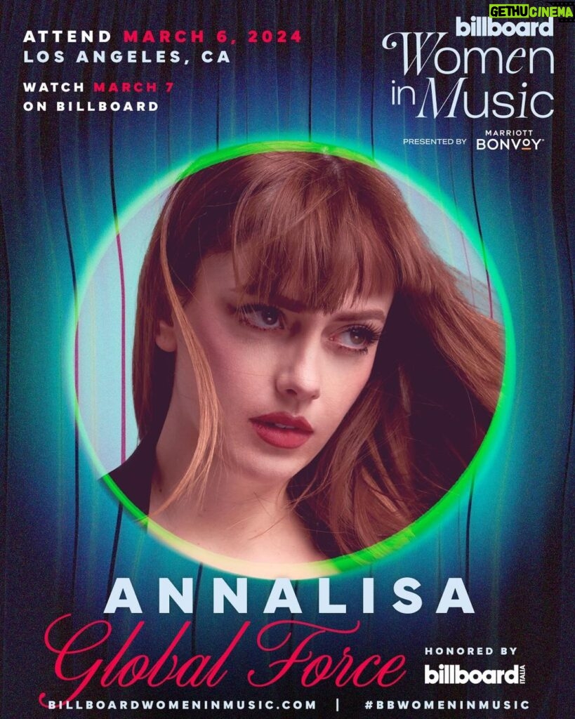 Annalisa Scarrone Instagram - @naliannalisa will be honored by @billboarditalia with the GLOBAL FORCE award at #BBWomenInMusic. 🇮🇹🌍 Get tickets to be there on March 6 at the link in bio. Can’t attend? Watch on March 7: BillboardWomenInMusic.com