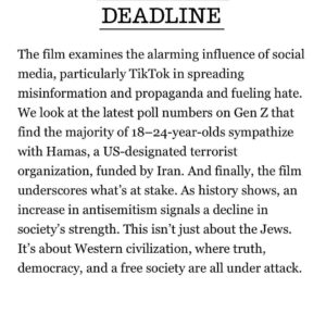 Debra Messing Instagram - I am so honored to be working with the celebrated documentarian @wsachs on PRIMAL FEAR. It is a documentary that explores the explosion of antisemitism in the aftermath of the October 7th massacre on college campuses, in social media, in the streets; the silence and denialism, the ignoring of the sexual assaults and mutilations inflicted by Hamas terrorists by feminist and human rights organizations. The film unpacks antisemitism to explain how it has shape-shifted over the millenia. 

Interviews will include jewish activists like @noatisby,  @profgalloway , @ritchietorresny15  @kirstengillibrand , and @michaelrapaport among others. 

Storytelling-with facts-is powerful. It’s my hope that this film will help educate, activate, and heal everyone touched by this inflection point. That hearts can be opened, and all of our humanity can be celebrated. 

More to come…

#documentary #antisemitism #socialmedia #college campuses #storytelling