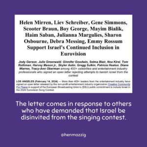 Debra Messing Instagram - Helen Mirren, Liev Schreiber, Gene Simmons, Boy George, Mayim Bialik, Julianna Margulies, Sharon Osbourne, Debra Messing, Scooter Braun, Emmy Rossum and more have come out in support of Israel’s continued inclusion in Eurovision.

While Israel is not a European country, like many other Eurovision participants such as Turkey and Morocco, to cut us from this contest is to exclude us from the global music industry, sewing further division and dehumanization of the Jewish state.

To each and every one of the 400+ leaders from the entertainment industry who signed a petition by the Creative Community for Peace, supporting Israel, thank you for speaking out for us and for standing up against Jew-hatred. 

We need more creatives being able to speak up against hate, for unity and for peace 💜