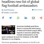 Drew Brees Instagram - I’m looking forward to speaking together with @nfl and @ifafmedia at #FutureofSport by #VivaTech and #GWSParis tomorrow - a gathering dedicated industry to the positive transformation of sport. Here in Paris in my new role as a Global Flag Football Ambassador to talk about the future of #flagfootball The Goal: Grow the sport globally, impact young people’s lives positively thru football, and have Flag Football as an Olympic Sport at the ‘28 LA Olympics! @vivatech @globalsportsweek