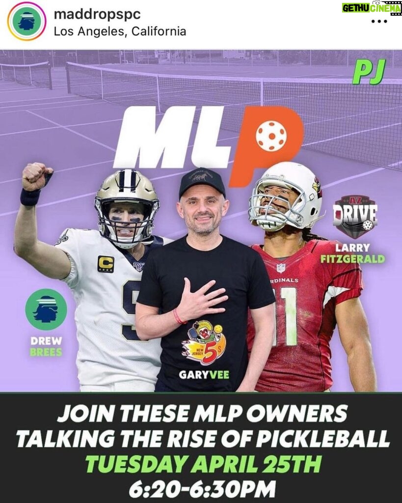 Drew Brees Instagram - Check out my upcoming pickleball conversation about @majorleaguepb and the rise of the sport on @picklejuice.137 at 6:20 p.m. ET! Thank you so much and cannot wait to listen!! @maddropspc @majorleaguepb @garyvee @larryfitzgerald