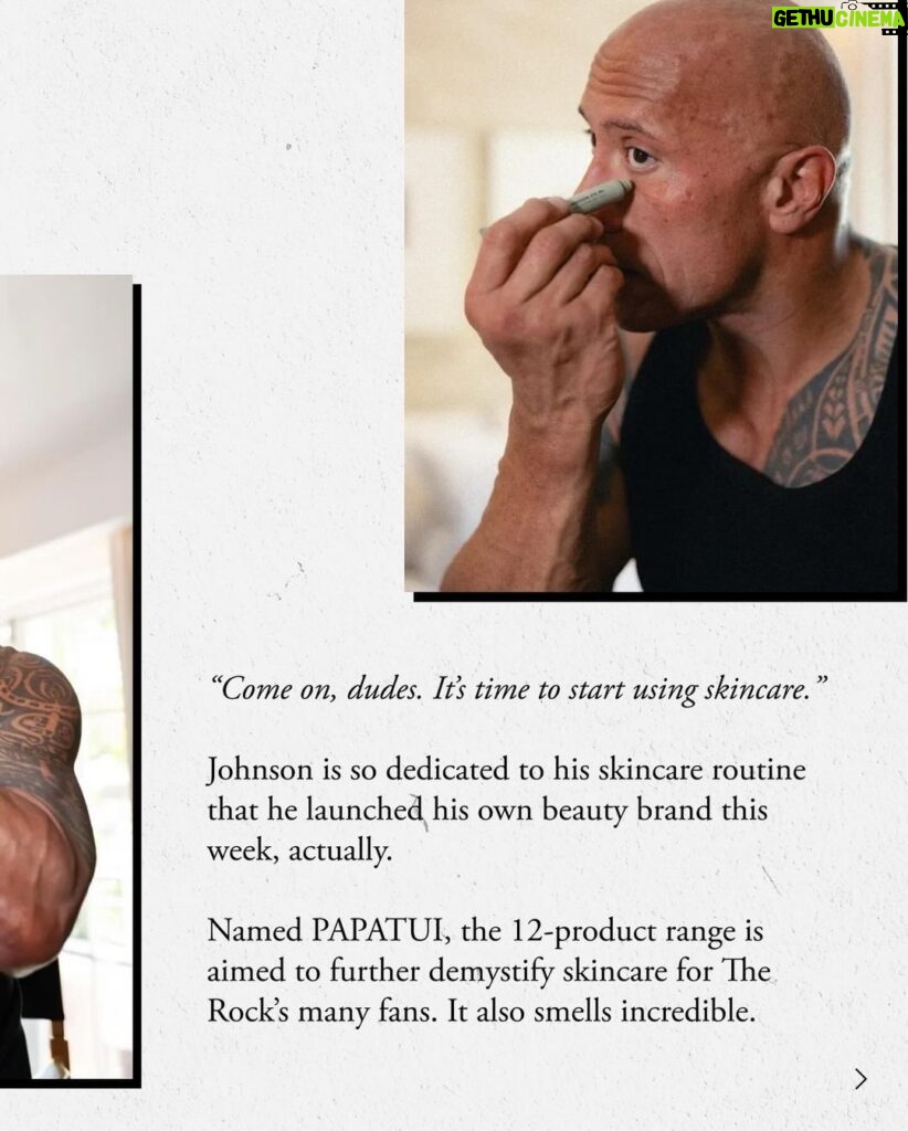 Dwayne Johnson Instagram - Mi sento rilassato 🇮🇹 I’m relaxed, at ease 🤌🏾 @PAPATUI_ ➕ @VOGUEmagazine ✨🚿 🧼 🧴 All my dudes out there, it’s time to have that real conversation about skincare and grooming. Let’s take better care of our ourselves and our skin! ~ papa t PapaTui.Com Target.Com/PAPATUI 🔗 link in bio ☝🏾 Available in ALL @TARGET stores 🎯