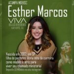 Esther Marcos Instagram – E ai, já está na sua playlist? 
Esther Marcos, filha de pastores iniciou sua carreira como modelo e atriz mas o chamado ministerial que já lhe acompanha de família, ardeu mais alto ao coração.

Cantora, pregadora, youtuber e influenciadora digital, 
são algumas das formas que ela usa para alcançar a nova geração 
No dia 12/02 ela estará conosco no Acampa Mobisc – VIVA 
Atenção: para quem não estiver acampando, o culto será aberto ao público com um valor simbólico ✅ 
Chama os amigos e vamos VIVER dias incríveis 🏕️🥳 Xanxerê-SC