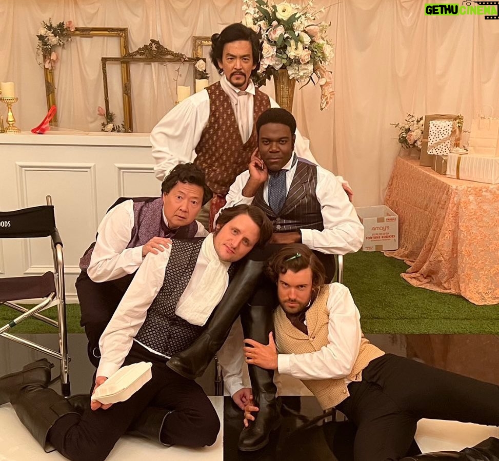 Jack Whitehall Instagram - The first two episodes of The Afterparty launch this week on @appletv episode 2 is so fun, a full blown Jane Austen homage. It was so good to finally get to don some really tight pants and rock out the curlers. Here we are relaxing backstage looking like a period boy band. #NewGentlemenontheEstate. #HeirsToMen #OnePersuasion