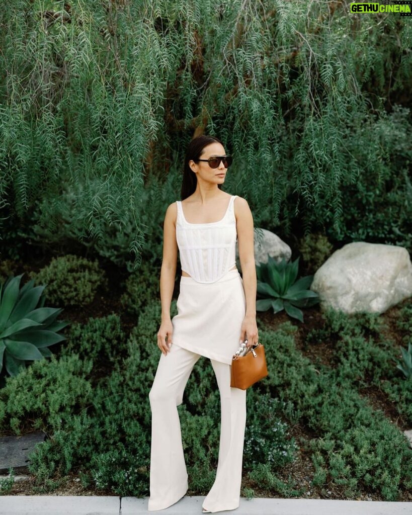 Jamie Chung Instagram - Friday vibes but realistically in sweatpants by 4pm 📸 @janawilliamsphotos_ @meliebianco bag @the.wolf.gang pants @alevimilano shoes @dionlee top @paradigmeyewear Sunnies