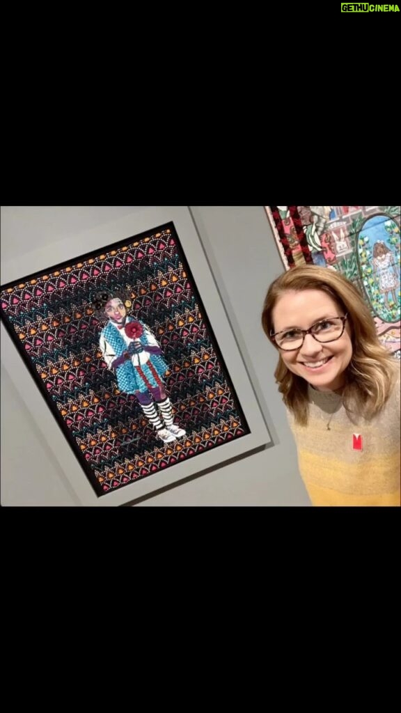 Jenna Fischer Instagram - Today I went to see a @bisabutler work in person. It took my breath away. I’ve wanted to see her work in person for a long time. To see all the detail. It was magnificent. This piece is called Lyric with a Lollipop. It is made with fabrics purchased in Johannesburg, South Africa. This is all quilting. No paint.