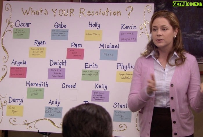 Jenna Fischer Instagram - What is your New Year’s Resolution? Pam would like to put it on the resolution board. Would you like to be a better husband AND boyfriend like Stanley? Or maybe you’d like to get more attention by any means necessary like Kelly? Or maybe just finish the living room like Oscar. This week on Office Ladies we are breaking down Season 7 Ultimatum. I’ve got my happy box ready! Link in bio to listen! @officeladiespod