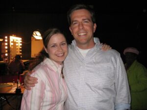 Jenna Fischer Instagram - Our next three episodes of Office Ladies each include interviews with our amazing cast members. We are kicking things off with the incredible @edhelms who came into the @earwolf studios to talk all about the episode Andy’s Play. We could not love him more and he tells great stories about the prep work behind this episode’s staging of Sweeney Todd. @angelakinsey has great insider information about her Seed Model outfit. And, we try Jim and Pam’s car date drink Bailey’s and Orange Juice. Link in Bio! 🎧 @officeladiespod