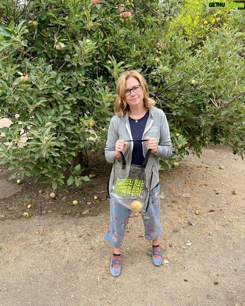 Jenna Fischer Instagram - It’s apple season and I’m ready to go! I’m dressed in the latest apple picking fashion trends…pajama bottoms, random hoodie, footie socks and leather slip ons. And I’ll be collecting my apples in the traditional @greenday plastic concert bag. Sorry to be so Instagram glam in the photo but that’s just how I pick apples! 🍎 Hair and makeup by: my pillowcase