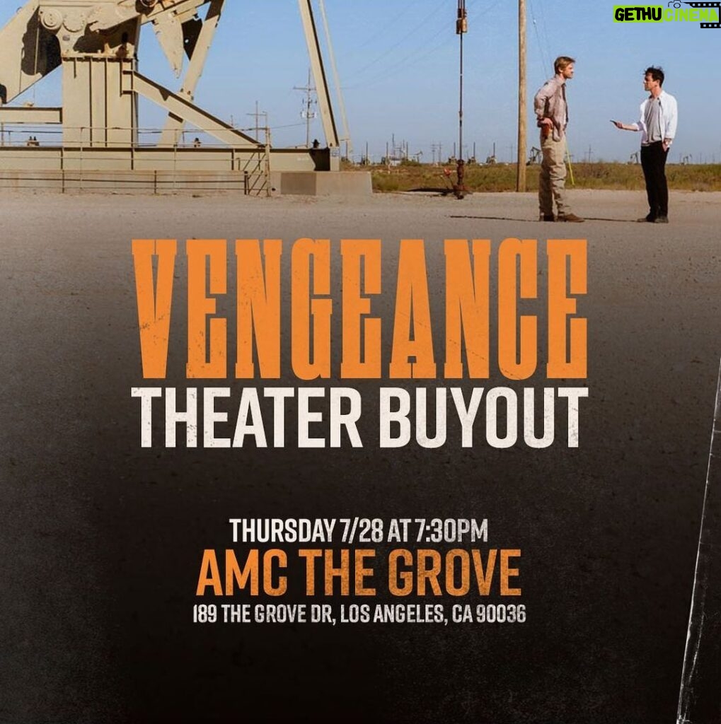 Jenna Fischer Instagram - Hey! My good pal @bjnovak new movie, @vengeancefilm is coming out in theaters this weekend, and I want to give you all the opportunity to see it first! I'm buying out an entire theater at the AMC at The Grove in LA this Thursday, July 28 for the 7:30pm screening. Tickets will be available starting at 7:00pm, look for a Focus Features rep who will be handing them out beside the box office. It's first-come, first-served, one ticket per person. Bring your friends! Enjoy the movie! It's a fun one, I promise. 🍿🎬📽