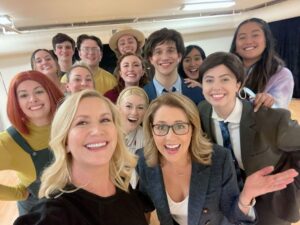 Jenna Fischer Instagram - We had a blast surprising the cast of @theofficemusical last night. I’ve wanted to see this show ever since I walked by their poster in 2018. They did not disappoint!! So fun and funny…the cast is incredible. Tons of details and inside jokes to celebrate the show…including a whole number dedicated to Dinner Party - yes! And, there is a Ryan/Kelly/Michael number that is not to be missed. Thank you for having us. What a great final stop on our book launch week in NYC. (We gave everyone in the cast and audience a signed copy of the book to celebrate!) Great show!!