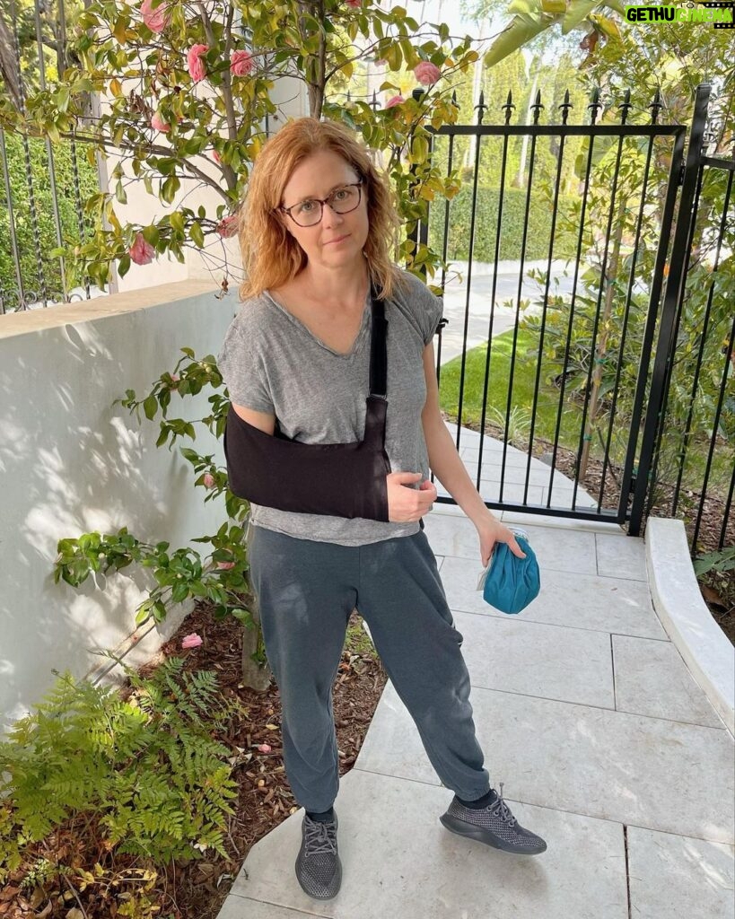 Jenna Fischer Instagram - Turns out I took spring break a little too literally. I broke my right shoulder and will be in a sling for the next six weeks followed by physical therapy. Luckily we recorded some extra episodes of Office Ladies before we left town. We have a new episode ready for today and it's a good one! Dwight K Schrute: Acting Manager. Listen wherever you get your podcasts or link in bio. @officeladiespod