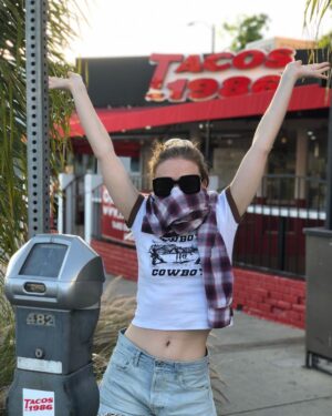 Jessica Barden Instagram - Today I am going to feature @tacos1986la a Tijuana style taco joint that I love! We went to the one on Beverly blvd but they are also downtown (delivery only) and in Westwood. I got the mushroom tacos, people who eat meat shouldn’t feel like they are missing out if you get these.  @bill_addison put it best when he said they look like coiled snails but they taste like heaven and I like snails anyway 🇫🇷. They also have amazing quesadillas, steak and pork tacos. This place is wonderful and the tacos are small so you can knock down several a meal or honestly use as a midday pandemic meltdown snack to bolster spirits. 🤘🏼 the ratios and textures in these tacos are superior and if anyone else is in to ratios when it comes to sandwiches, tacos, wraps, I feel I have to tell you this place will make you feel seen. Call them direct to order or on @caviar @grubhub all of the usual delivery apps. This place was also extremely strict on only one customer at a time allowed inside 👏🏼