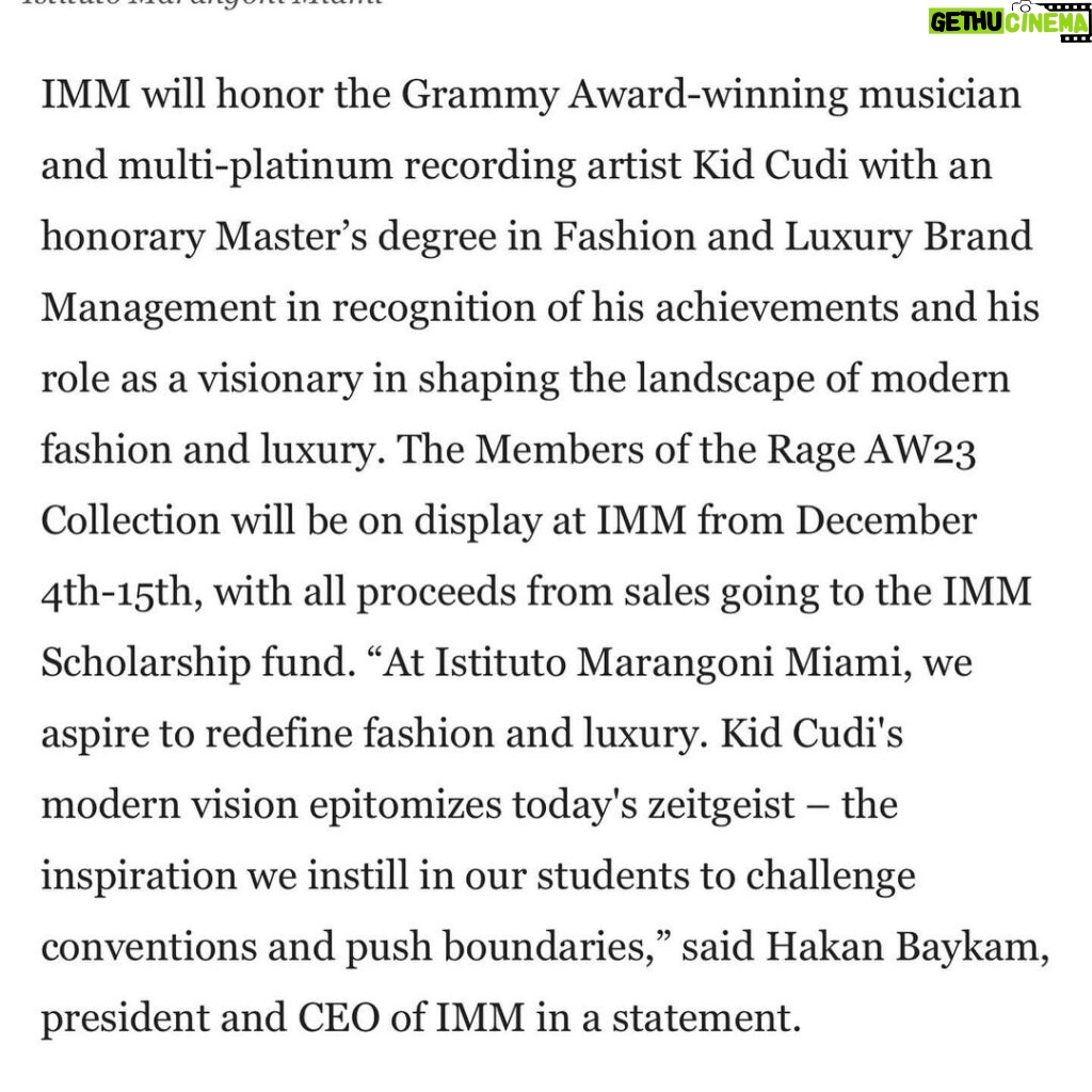 Kid Cudi Instagram - Life is trippy sometimes. To be getting an honorary masters is truly one of the greatest honors, and I am so so thankful to Istituto Marangoni Miami for recognizing me and making me feel seen. I love u and cant wait to celebrate this mega moment with u all!! 🙏🏾💕 @istitutomarangoni_miami