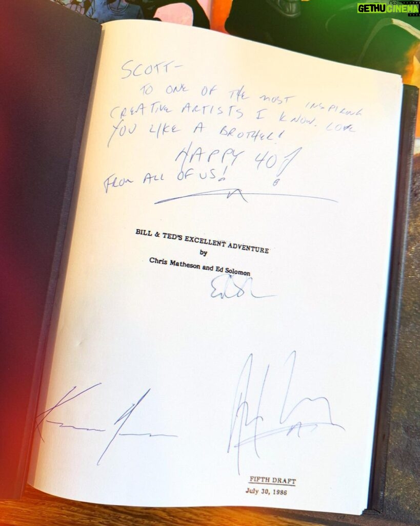 Kid Cudi Instagram - 2 wonderful bday gifts from some good friends 🥹 the first from Alex Winter, a book filled w art by the genius Phil Tippett (for inspiration), and a Bill & Ted's Excellent Adventure script from Alex, Ed Solomon (who wrote the film) and Keanu Reeves 😭😭 signed by all of them. I will cherish this forever. Man, Thank u so much fellas, for the gifts, for being real homies and always showing love and support. Love yall 🙏🏾✨💕🥹 FAM 4 LIFE @alxwinter @edsolomon8