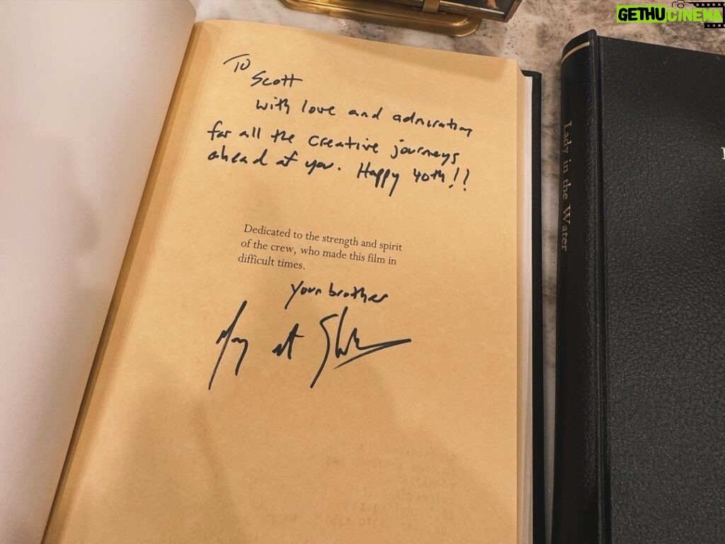 Kid Cudi Instagram - This is unreal. My brother and mentor M. Night @mnight blessed me w some wonderful gifts for my bday. Full hard cover scripts of Signs, Lady in the Water, and The Village. All signed w a message from the man himself. Man, I remember visiting him in Philly and seeing all his scripts like this in his library. I was soakin it all in. I guess he noticed 🥹🙏🏾✨ Night, u are such a beautiful light, I am so happy to have u as my big bro, my life guide, my homie 4 Life. Big love my guy 🙏🏾💕 and THANK YOU AGAIN THIS IS INSANE!! 😭