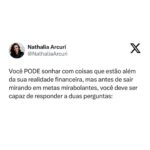 Nathalia Arcuri Instagram – Enfim,  2024 chegou! 🥳 E, pra todo começo de ciclo, a gente PRECISA recapitular o que já aconteceu pra APRENDER e melhorar quem somos e o que faremos com nós mesmos. 

Pra toda meta, você tem que ter disciplina e prazo. A disciplina te ajuda a se organizar e os prazos te dão o limite que é necessário pra definir quando agir pra alcançar seu objetivo. E, fazendo assim com suas metas financeiras, fica muito mais fácil chegar num sonho que antes era impossível de realizar.

Em 2024, SONHE ALTO. Sim, você pode e deve fazer isso. Mas parta para a ação. Sonhar só por sonhar não leva ninguém a lugar algum. Adapte o que você precisa fazer e os prazos pra realizar esse sonho de acordo com a sua realidade.

Só não deixe pra começar em 2000 e lá vai ano. Aproveite o novo ciclo de 2024 pra investir em suas metinhas, metas, metonas e metazonas. Eu sei (e você também sabe) que você é capaz.

Comece agora baixando o Planner Financeiro no link da minha BIO🫰