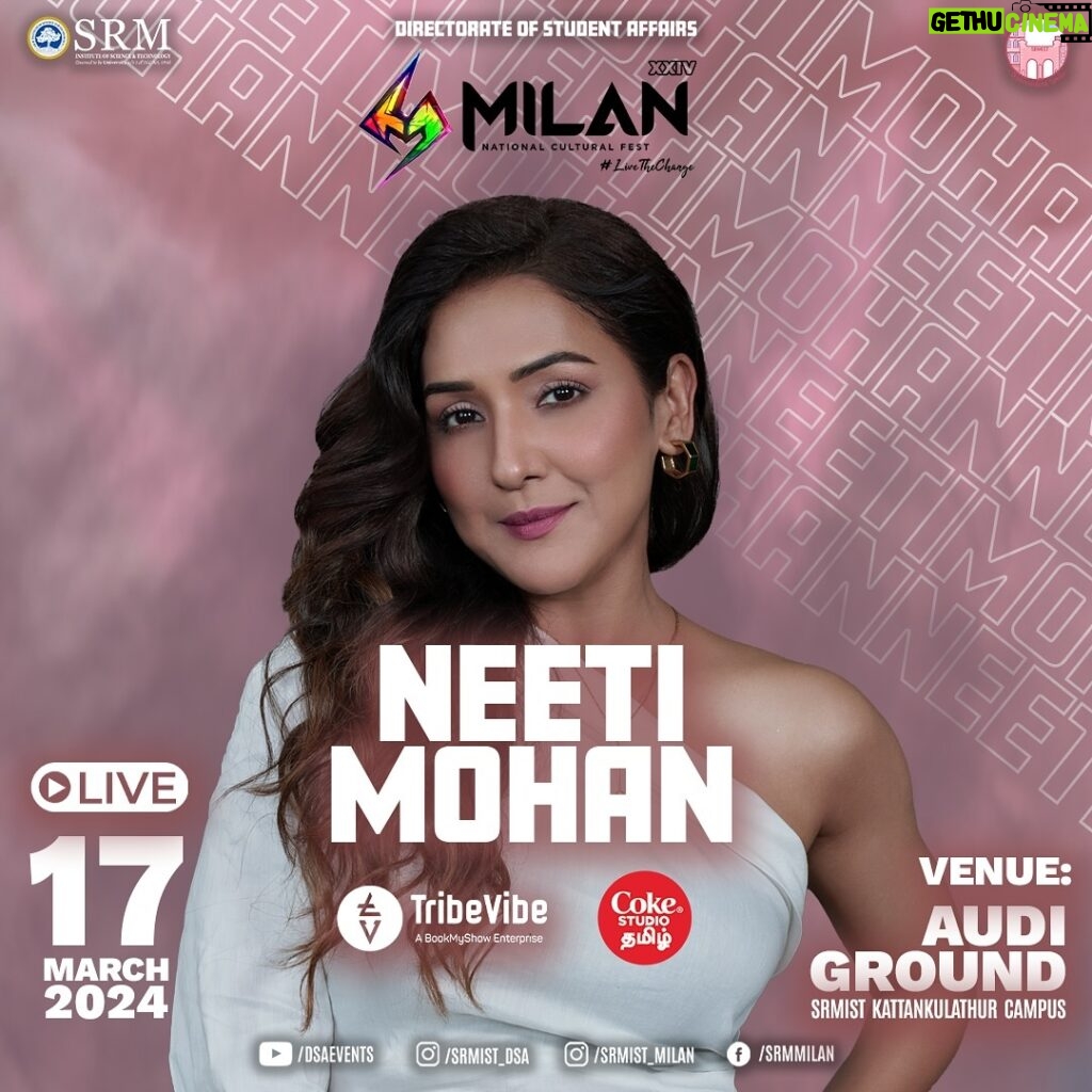 Neeti Mohan Instagram - Prepare for an electrifying experience as the enchanting @neetimohan18 takes the Milan’24 stage by storm! 🎶 Mark your calendars on march 17 - it’s a musical fiesta you won’t want to miss!! . . . . #milan24 #livethechange #16thedition #srminstituteofscienceandtechnology #srmist #culturals #chennaicampus #srmktr #milan #milan2024 #chennaicolleges #campuslife #collegefest #collegeindia #collegeculturalsindia SRM Institute of Science and Technology
