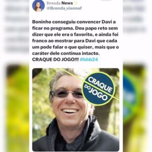Sonia Abrão Instagram - E aí a gente faz o quê? Solta o grito: OBRIGADAAAAA, BONINHO!!! QUE DRIBLE! QUE GOLAÇO! Tudo o que a gente queria era que o DAVI ficasse! E ele ficou! Sou só aplausos! 👏👏👏👏👏👏👏👏👏👏❤️ (Arte/texto Brenda News/ @brenda_viannaf, no X) #SoniaAbrao #ATardeESua #CALONE #DBIPro