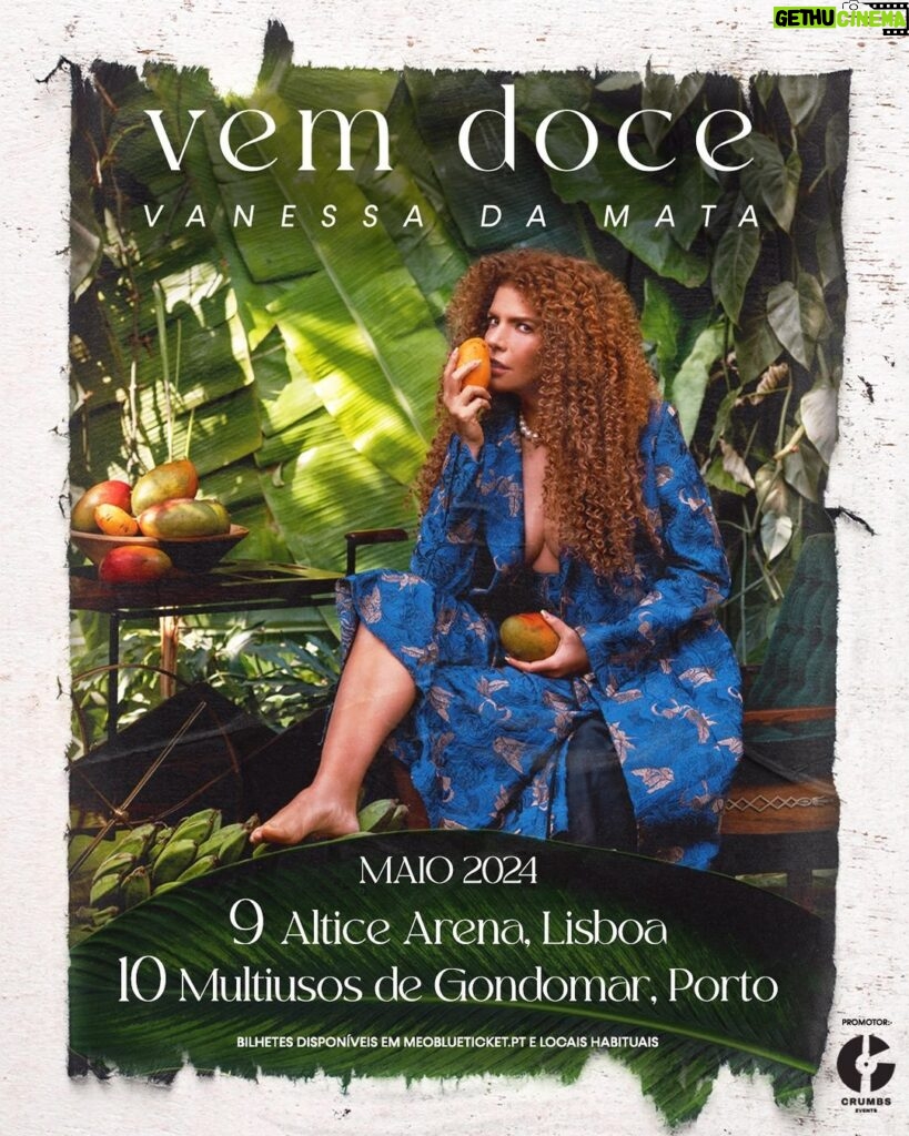 Vanessa da Mata Instagram - 🥭🇵🇹 Em Maio de 2024, Vanessa da Mata regressa a Portugal para apresentar o seu novo trabalho “Vem Doce”, que mereceu uma nomeação para os Grammys Latinos. Vanessa da Mata vai brindar o público de Portugal com a apresentação ao vivo dos temas do novo álbum, sem esquecer os grandes êxitos da sua carreira. Lisboa | 9 de Maio • Altice Arena Porto | 10 de Maio • Multiusos de Gondomar Então, estás a espera do que para garantir teu bilhete? 🎫 Bilhetes já disponíveis em meoblueticket.pt e locais habituais (link na bio) #VanessadaMata #VemDoce #VemDoceoShow #TurnêVemDoce