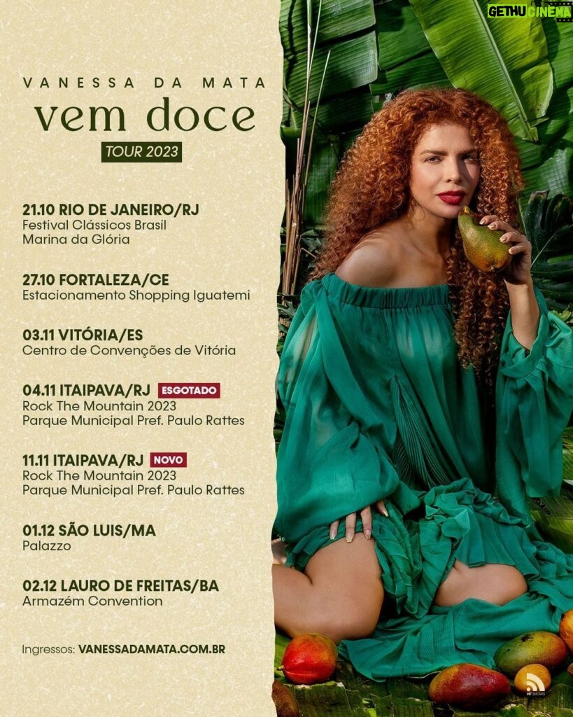 Vanessa da Mata Instagram - 🥭 Atenção, passarinhos! Agenda da turnê VEM DOCE atualizada para vocês. Em qual cidade nós vamos nos encontrar? 😍 #VanessadaMata #VemDoce #vemdoceoshow #turnêvemdoce